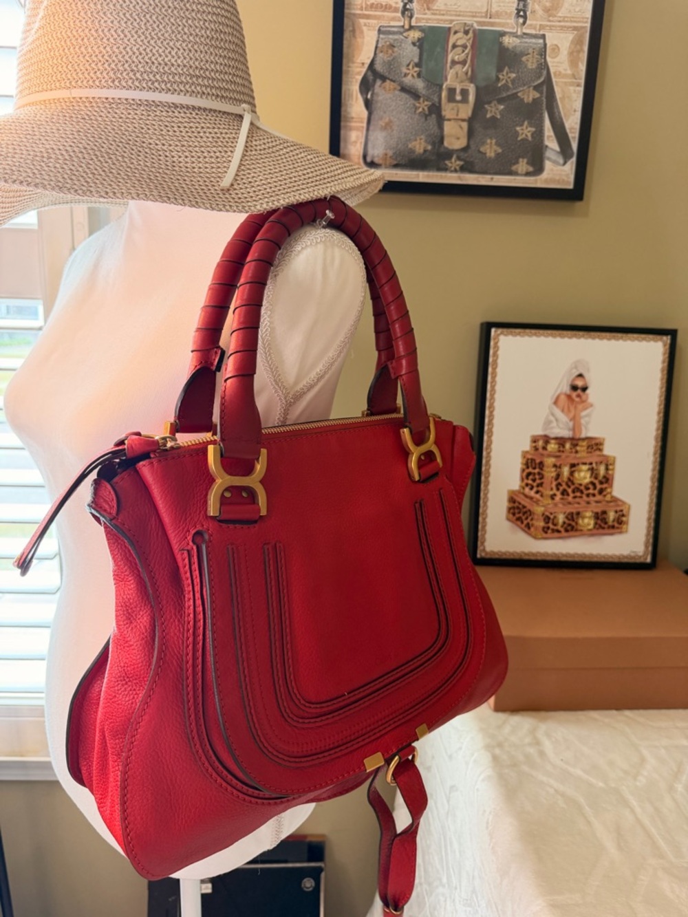 Chloe Red Pebbled Leather Medium Marcie Satchel with Gold Hardware - Picture 16 of 16